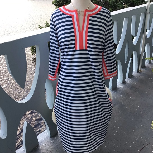 Gretchen Scott Designs Dresses & Skirts - Gretchen Scott Midi Striped Dress in Coral and Navy